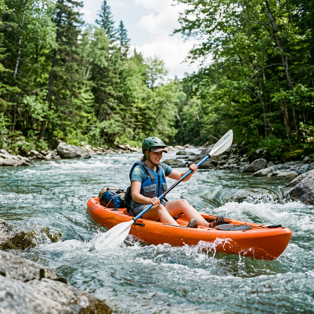 Kayaker paddling an orange kayak through forested whitewater rapids